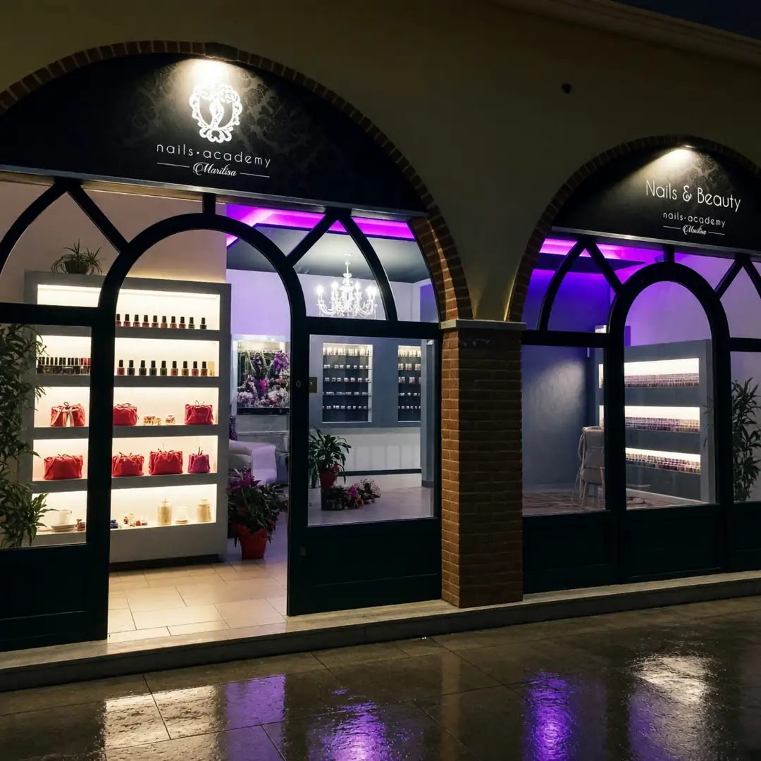 La vetrina di Nails Academy Marilisa di sera, in Via Maffei 3 a Leini